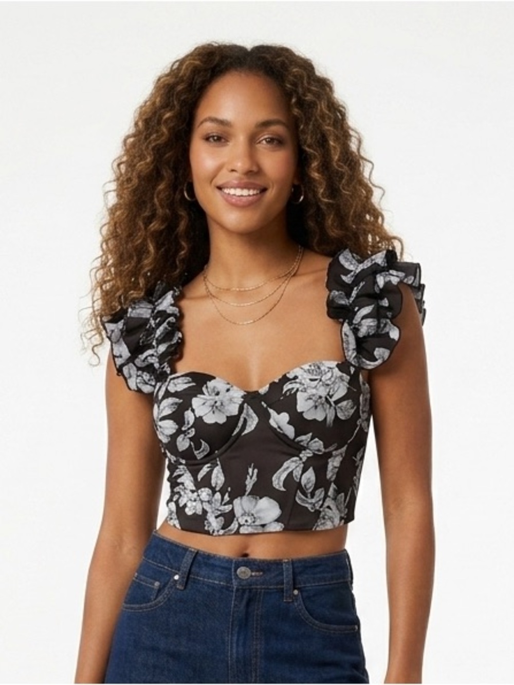 NWOT Black Floral Print Corset Top with Ruffled Straps
